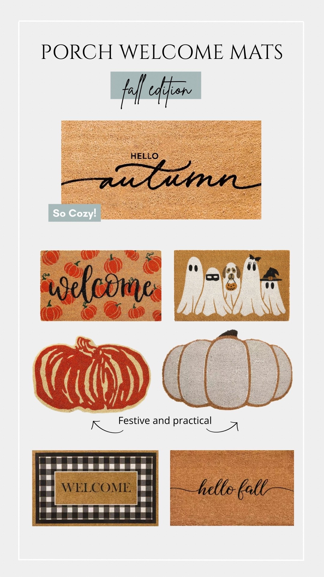 Fall Porch Welcome Mats 🎃

fall front porch mat, fall mat, pumpkin mat, outdoor mat, outdoor style, front porch, ghost welcome mat, pumpkin shaped mat, autumn finds 

#LTKFindsUnder100 #LTKHome #LTKSeasonal