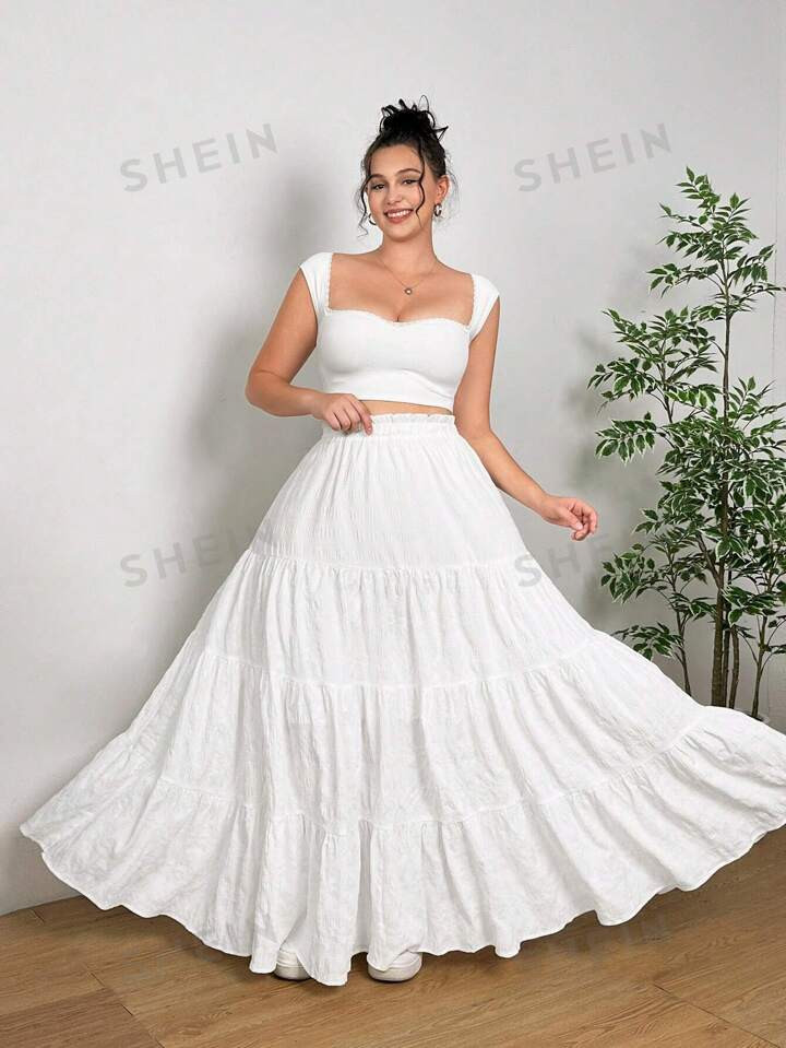 SHEIN EZwear Plus Size Women's White Long Swing Skirt With Waistband | SHEIN