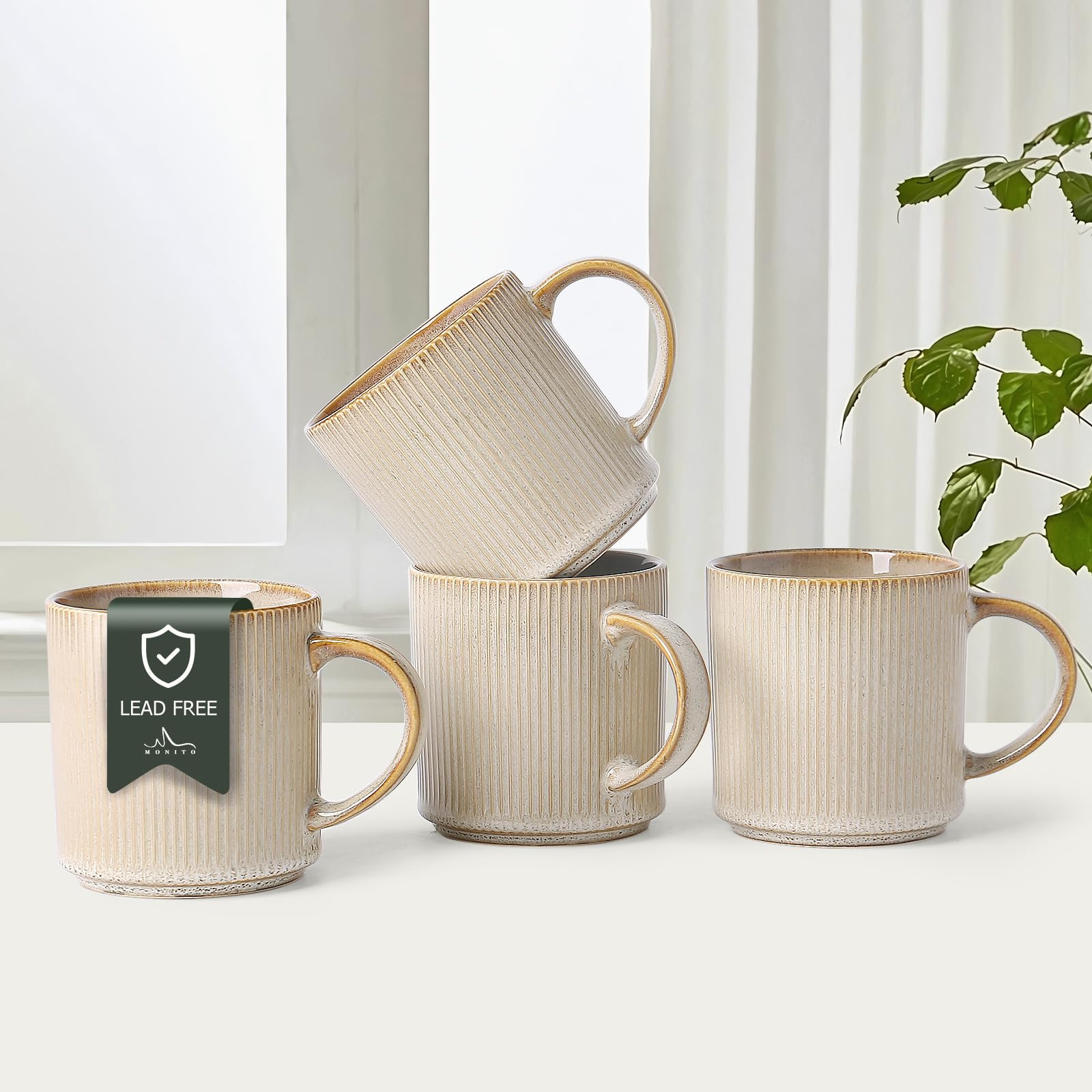 MONITO 16Oz Coffee Mugs Set of 4, Rustic Ceramic Coffee Cups Set with Large Handle, Vintage Strip... | Amazon (US)