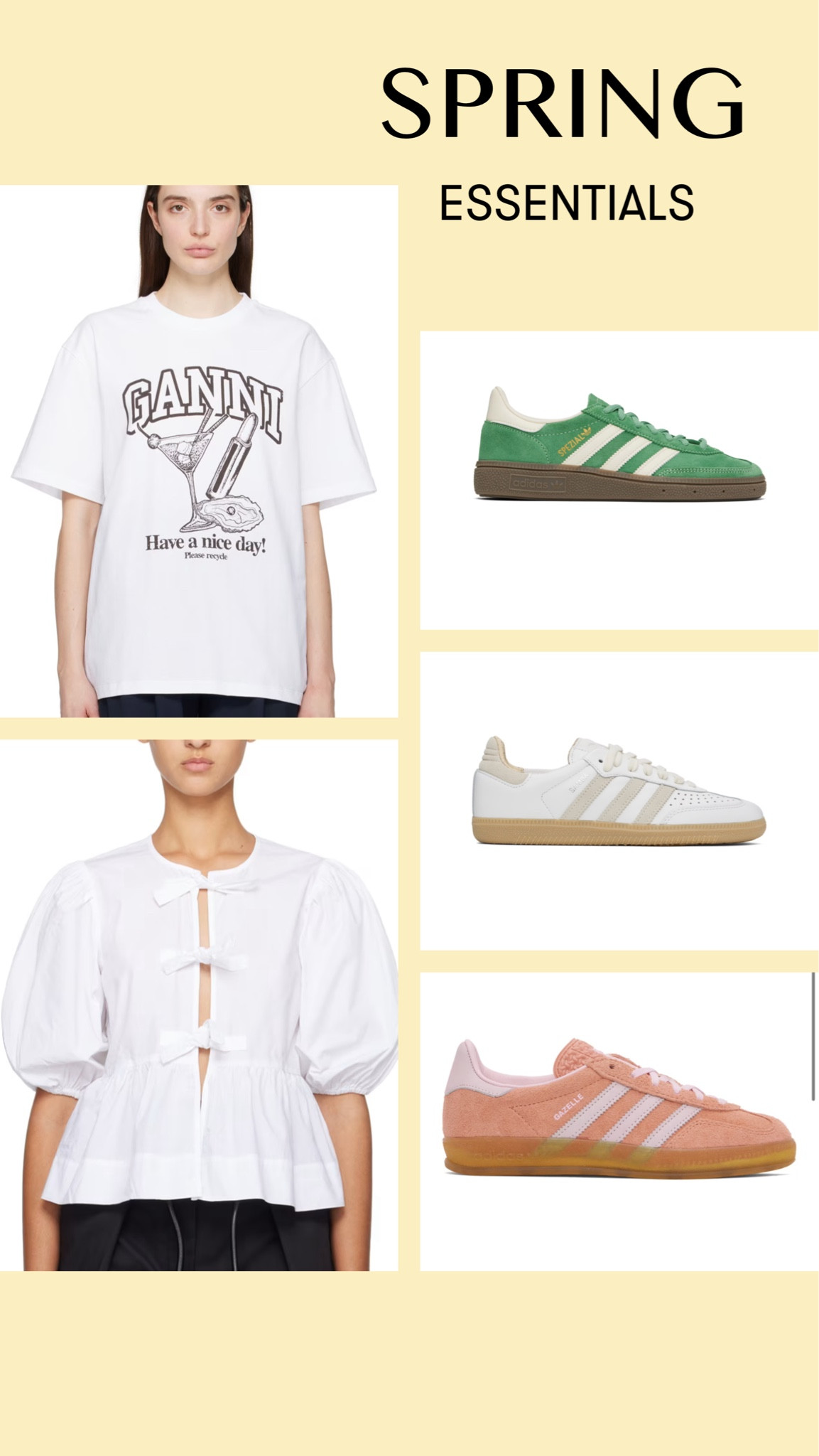 Spring Essentials 💗 front tie puff sleeve top, the cool girl tee, and new spring shade Adidas in stock! 

Spring outfits, ganni top, adidas outfits

#LTKsalealert #LTKstyletip