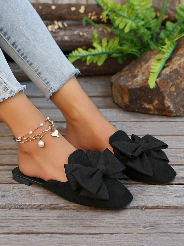 Women Black Flat Slide Sandals With Bow Design, Slip-On, Summer | SHEIN