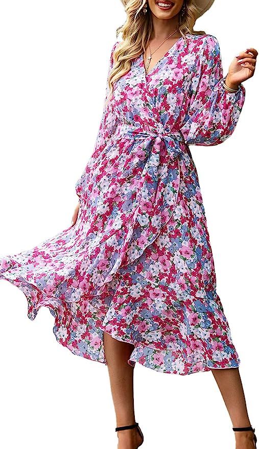 PRETTYGARDEN Women's Floral Print Boho Dress Long Sleeve Wrap V Neck Ruffle Belted A-Line Flowy M... | Amazon (US)