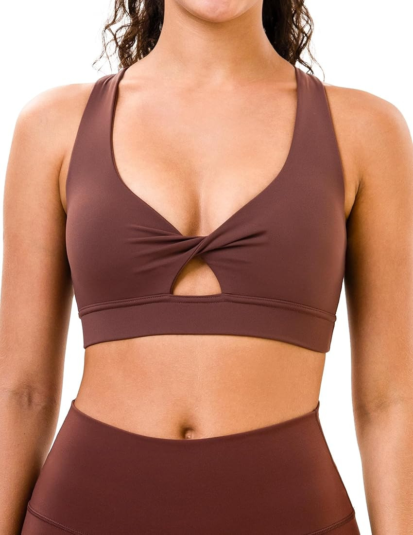 YUNOGA Women's Workout Sports Bras Twist Front Padded Yoga Bras Medium Supports Criss Cross Back ... | Amazon (US)