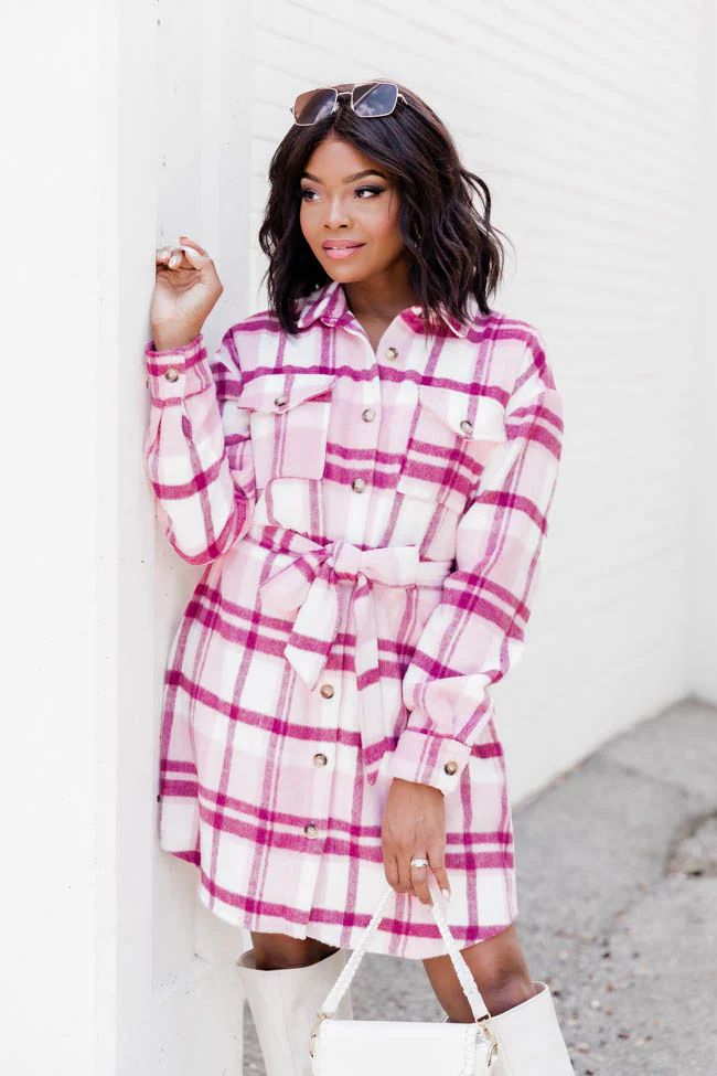 Believe In My Heart Pink Plaid Belted Button Up Mini Dress | Pink Lily