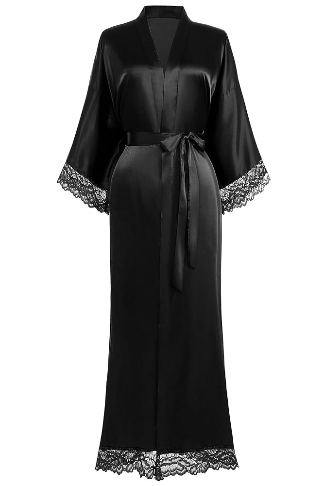 BABEYOND Satin Kimono Robe Silky Long Bridesmaid Wedding Lightweight Bath Robe with Lace Trim | Amazon (US)