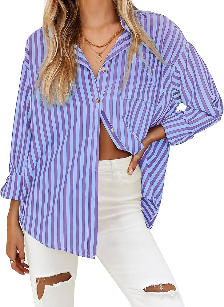 HOTOUCH Women's Striped Button Down Shirts Casual Long Sleeve Boyfriend Loose Collared Blouses To... | Amazon (US)