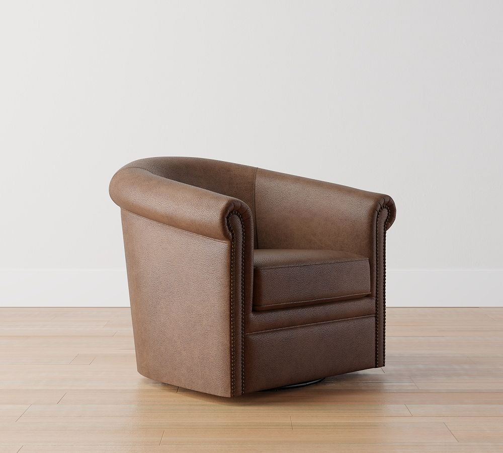 Cyrus Barrel Arm Leather Swivel Armchair | Pottery Barn (US)