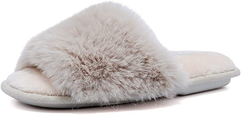 FANTURE Women's Furry Faux Fur Slippers Cozy Memory Foam House Slippers Soft Comfy Flat Slide San... | Amazon (US)