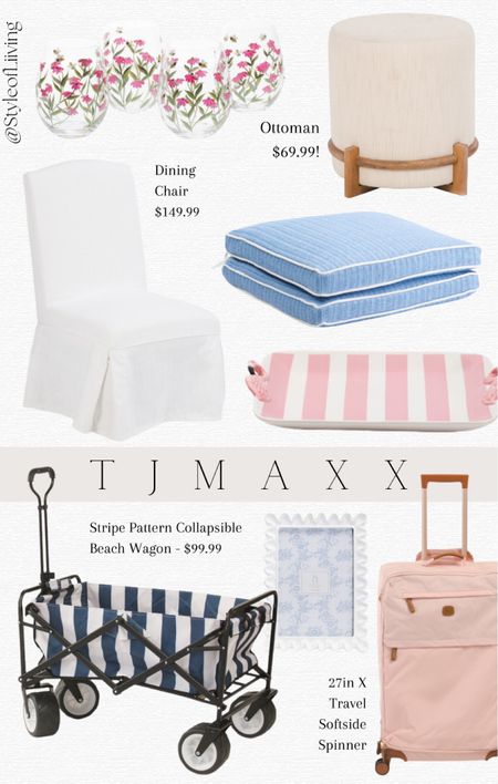 TJ Maxx finds! Furniture, beach wagon, suitcases, picture frames, outdoor seat cushions, ottoman, serving tray, drinking glasses. Home decor. 

#LTKHome #LTKSeasonal #LTKFamily