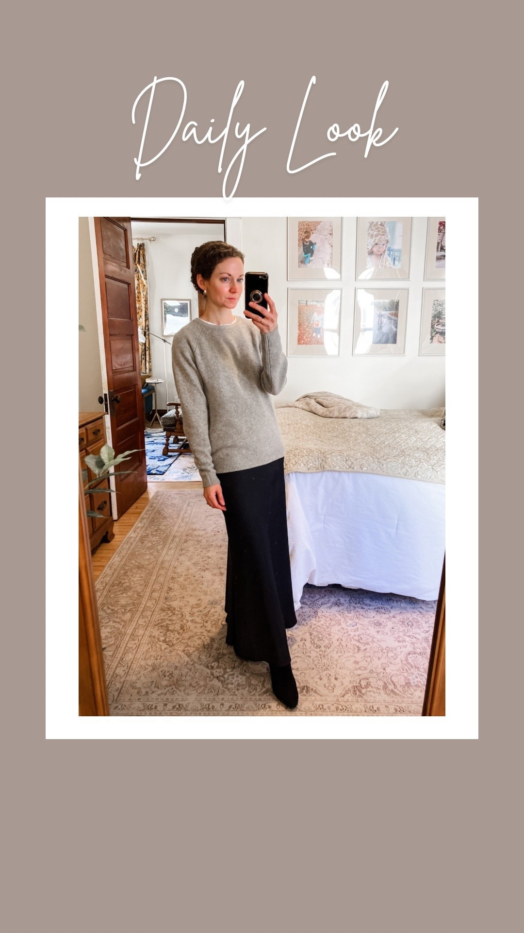 A black and grey look for winter!
Grey yak wool sweater from Quince. 
White T-shirt from Amazon. 
Black satin skirt from Amazon. 
Gold and white topaz earrings from Peachmind. 
Black booties from Blond, linking similar- mine are old. 
Petite outfit. Winter outfit. Modest outfit. Neutral outfit. Classic outfit  

#LTKootd #LTKOver40 #LTKgrwm