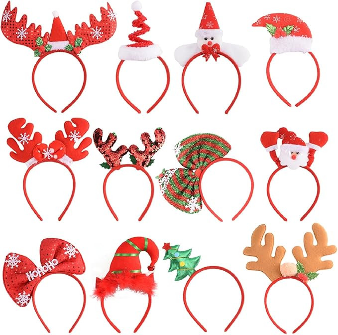 12 PCS Holiday Headbands,Cute Christmas head hat toppers,Great Fun and Festive for Christmas Part... | Amazon (US)