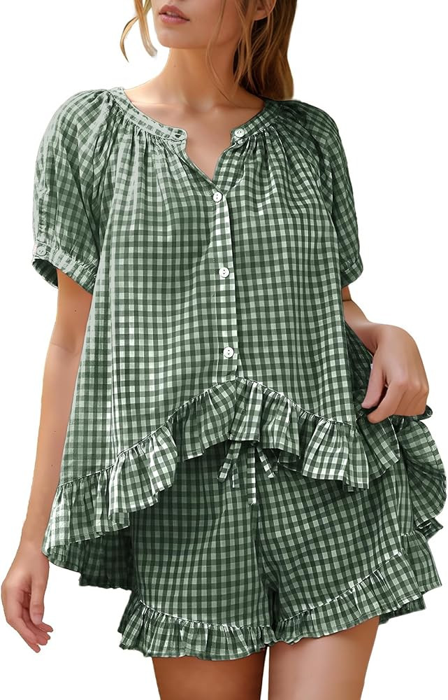 Flygo Womens Gingham Pajamas Set 2 Piece Cotton Pj Lounge Sets Puff Sleeve Ruffle Babydoll Shirt ... | Amazon (US)