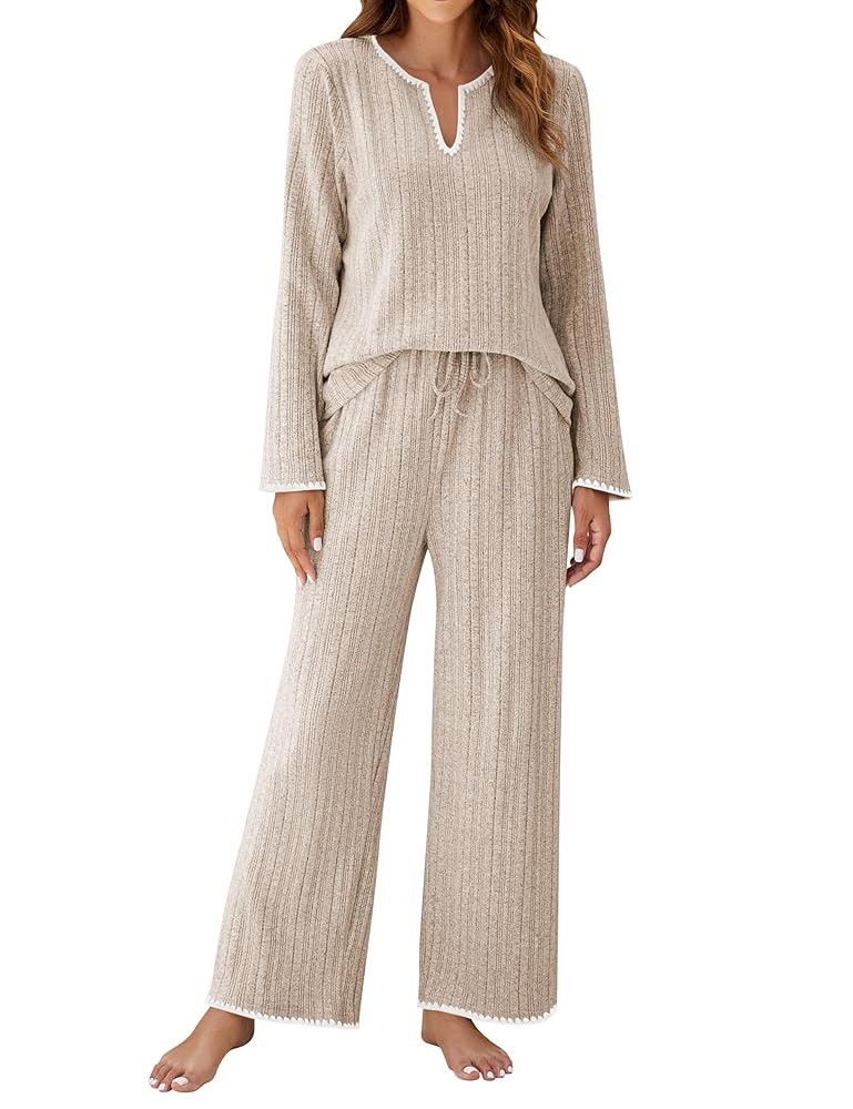 Blooming Jelly Womens 2 Piece Pajama Sets Fall Ribbed Color Block Lounge Set Fleece Long Sleeve P... | Amazon (US)