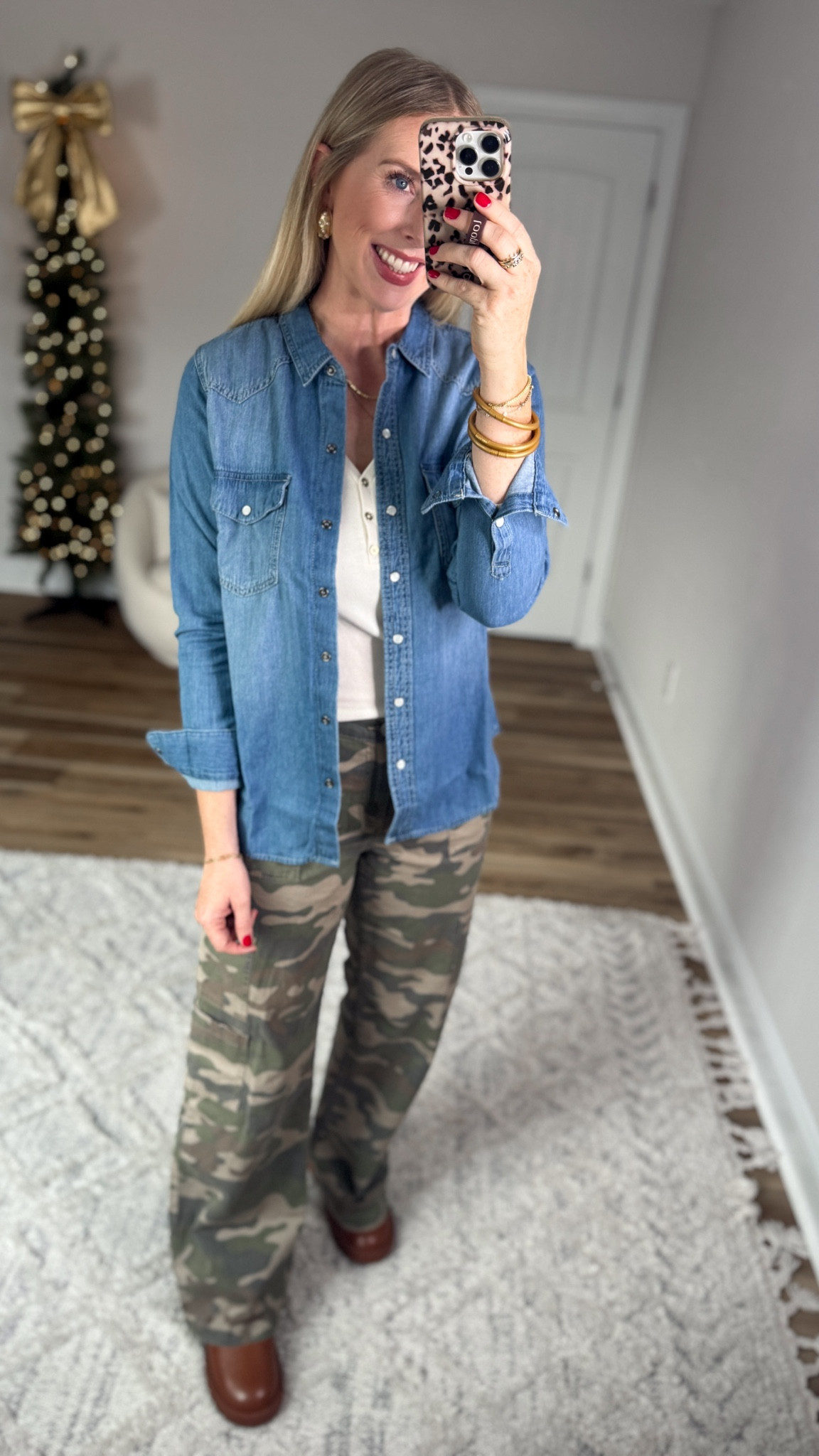 Weekend Walmart Wins try-on
Denim western shirt- small
Gold button henley- small
Camo pants- small
Faux leather mules- tts 

#LTKStyleTip #LTKFindsUnder50 #LTKShoeCrush