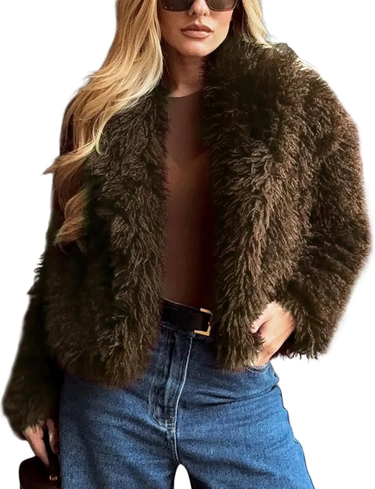 Yimoon Womens Faux Fur Coat Cropped Fluffy Fur Jacket Long Sleeve Lapel Collar Winter Fuzzy Shagg... | Amazon (US)