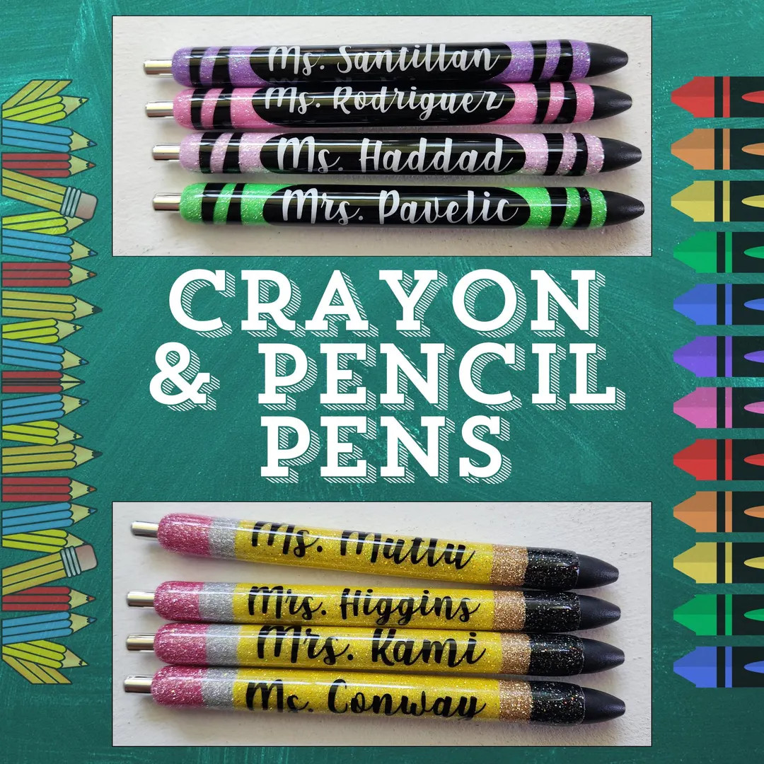 Teacher Themed Glitter Pens| Ink Joy Gel Pen | Glitter Pens | Teacher Gifts| Pencil Pen | Crayon ... | Etsy (US)