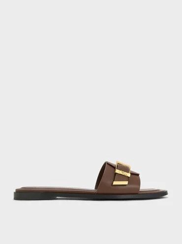 Leather Buckled Square-Toe Slide Sandals
    
         - Dark Brown | Charles & Keith US