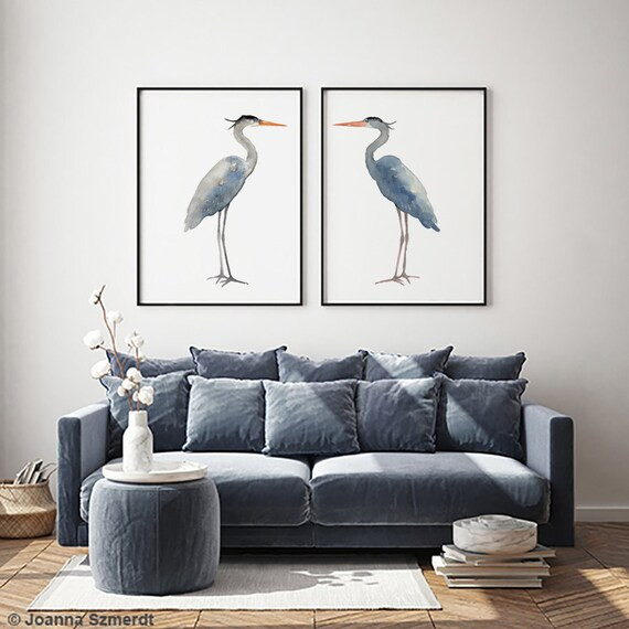 Heron Painting, Heron Print, Heron Art, Blue Heron set of 2 Birds, Egret Watercolor Painting Lake... | Etsy (US)