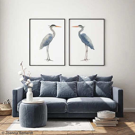 Heron Painting, Heron Print, Heron Art, Blue Heron set of 2 Birds, Egret Watercolor Painting Lake... | Etsy (US)