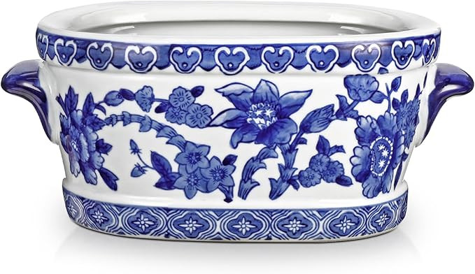 Blue and White Ceramic Planter Pot – Vintage Floral Oval Cachepot Vase for Indoor Plants, Flowe... | Amazon (US)