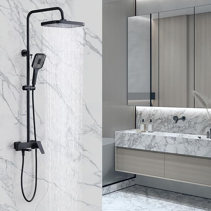 Shower Systems with 12 x8 Inches Rain Shower Head, Matte Black Exposed Pipe Shower System,3 Funct... | Amazon (US)