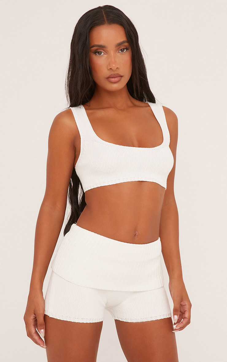 Square Neck Crop Top And Fold Over Waistband Shorts Co-Ord Set In White Knit | EGO (UK)