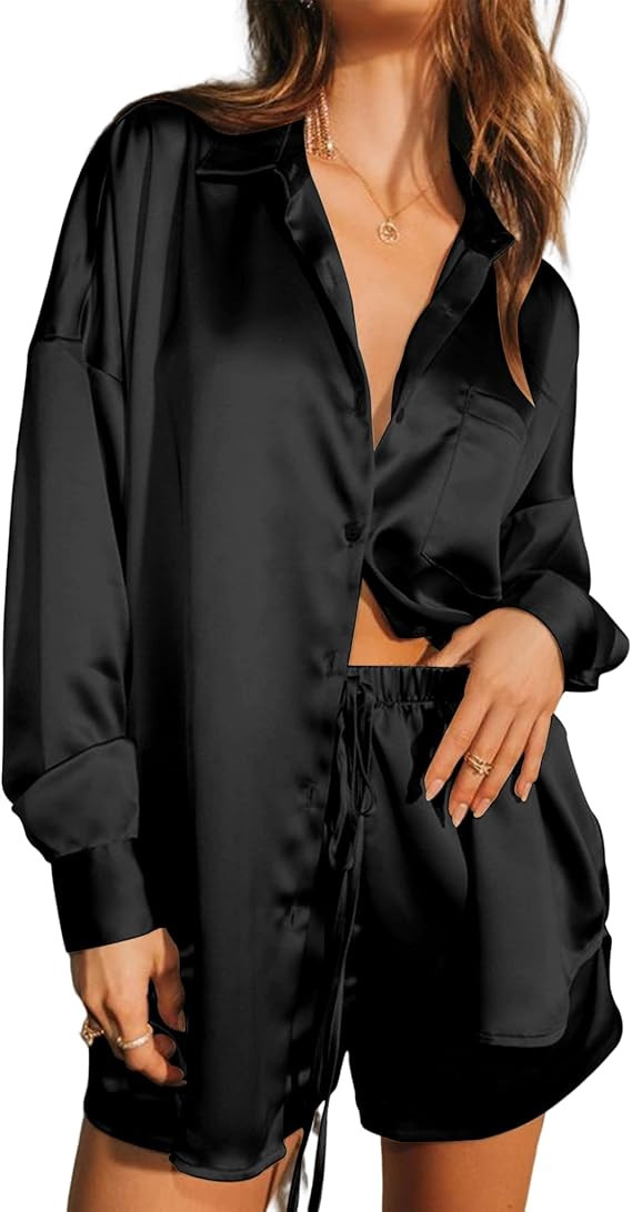 Ekouaer Womens 2 Piece Satin Pajama Set Long Sleeve PJs Sets Button Down Lounge Ssts Soft Sleepwe... | Amazon (US)