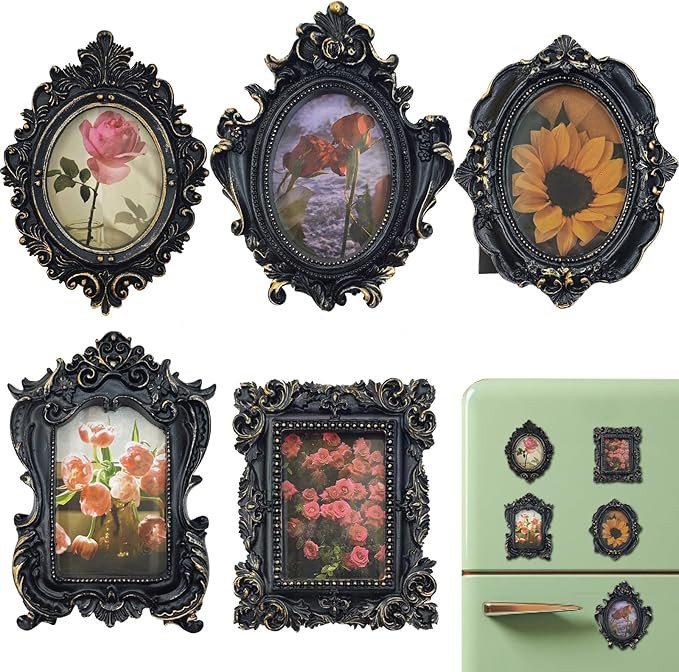 Mini Black Magnetic Picture Frames for Refrigerator, 5 Small Vintage Photo Frames with Soft Magne... | Amazon (US)