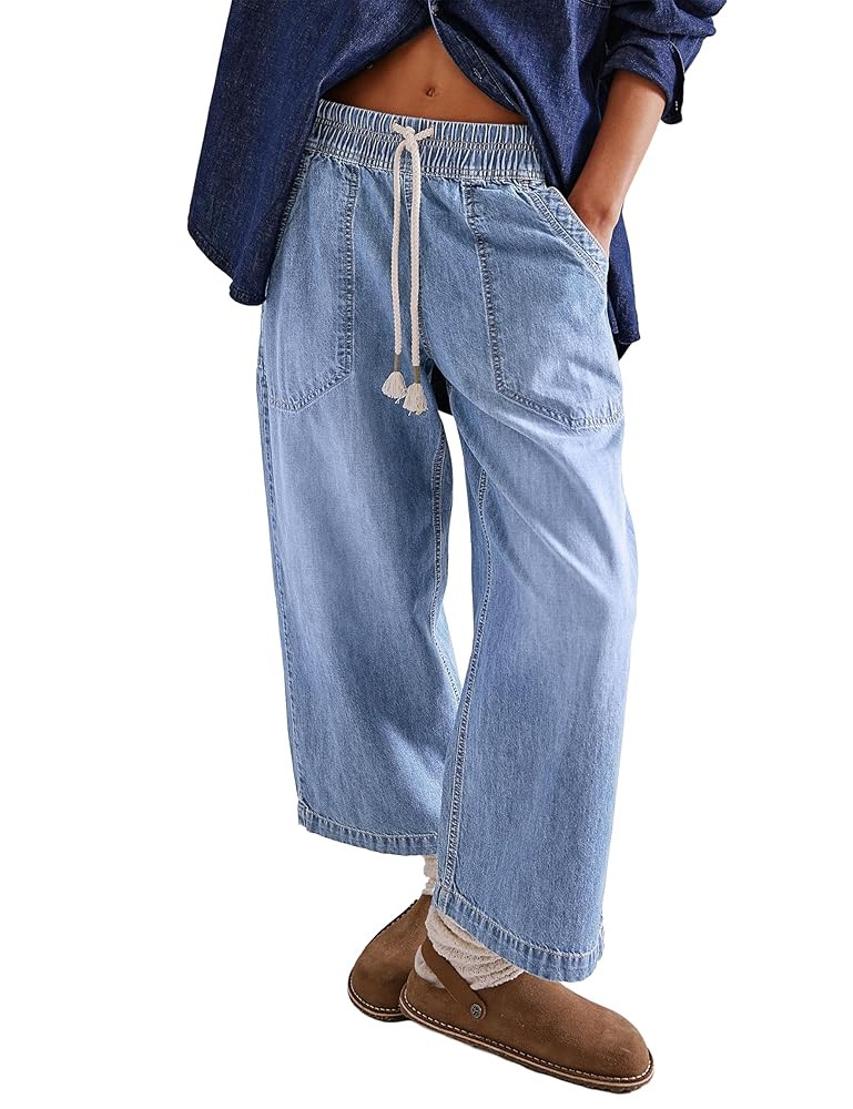 Majdan Wide Leg Jeans for Women Casual Relaxed Cropped Mid Rise Boyfriend Denim Pants Drawstring ... | Amazon (US)