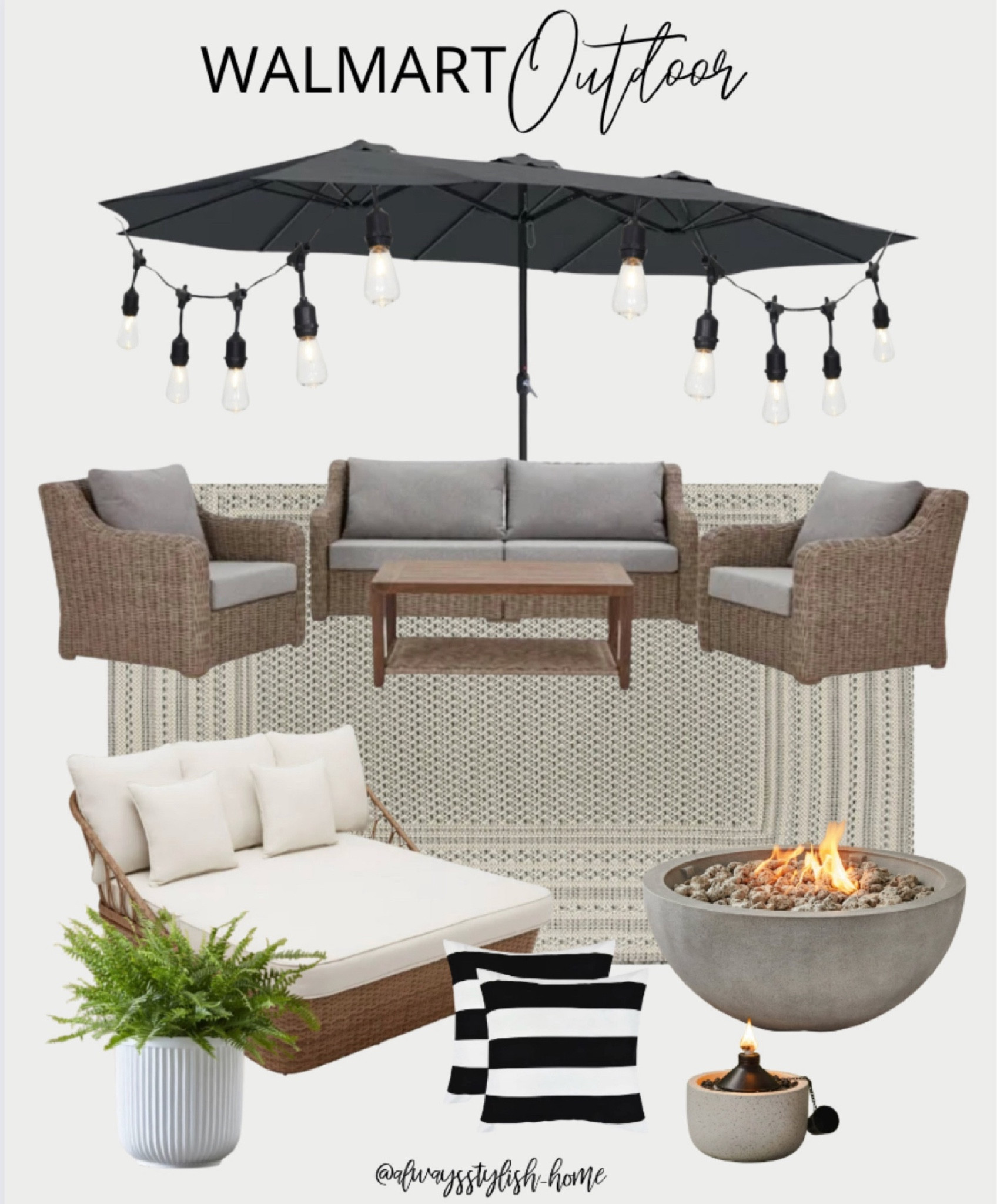 Walmart outdoor finds, backyard decor, patio finds, lounge set, sofa & chairs, firebowl, pillows, umbrella, lights, planter, fern. Affordable home 

#LTKhome #LTKfindsunder100 #LTKSeasonal