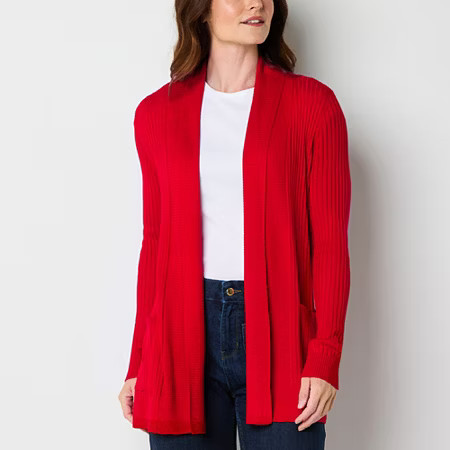 Liz Claiborne Womens Long Sleeve Open Front Cardigan, Petite X-large, Red | JCPenney