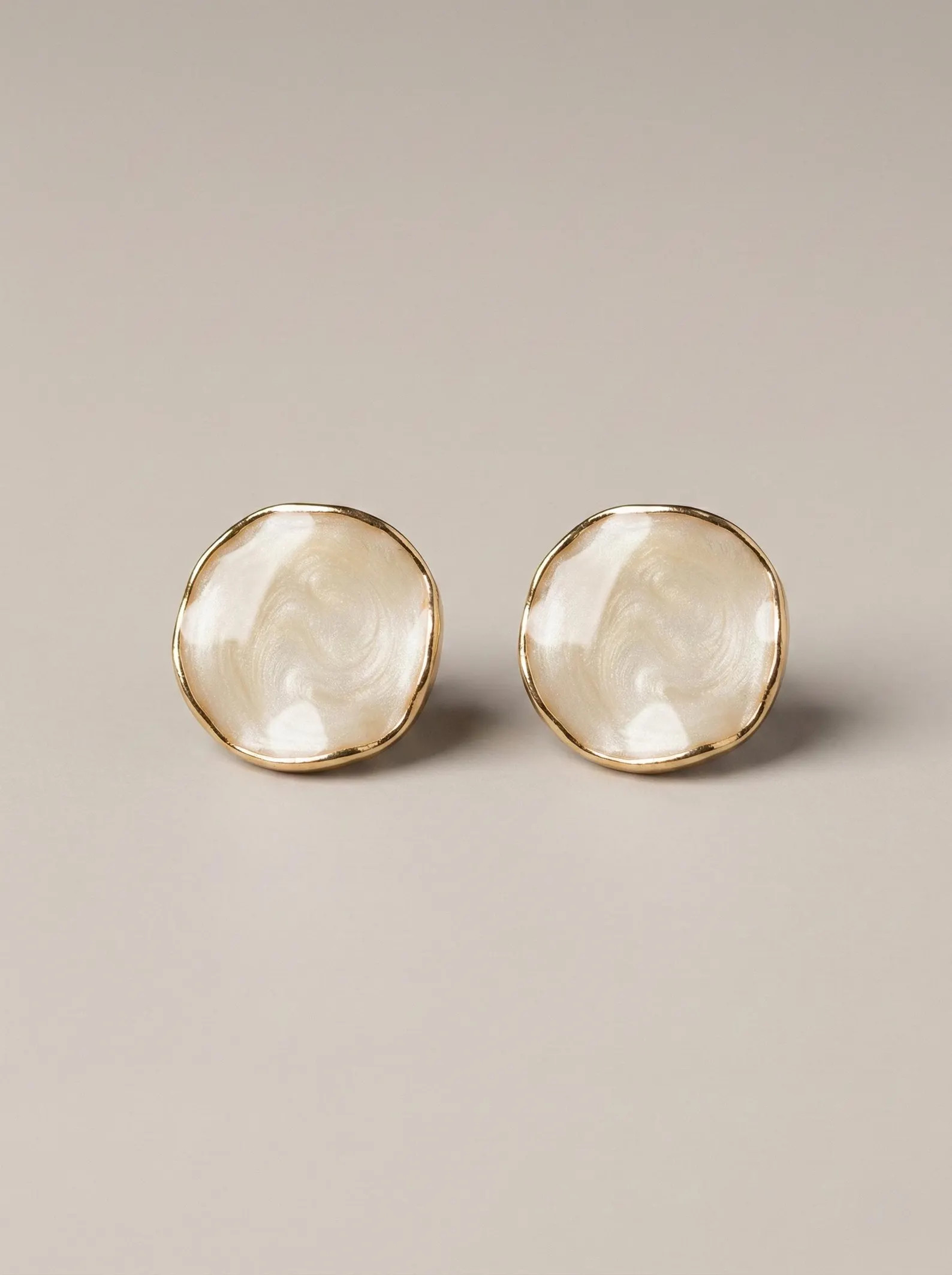 Pearlescent Round Stud Earrings, Minimalist Cream Enamel Button Earrings With Gold Edge - Etsy | Etsy (Global)