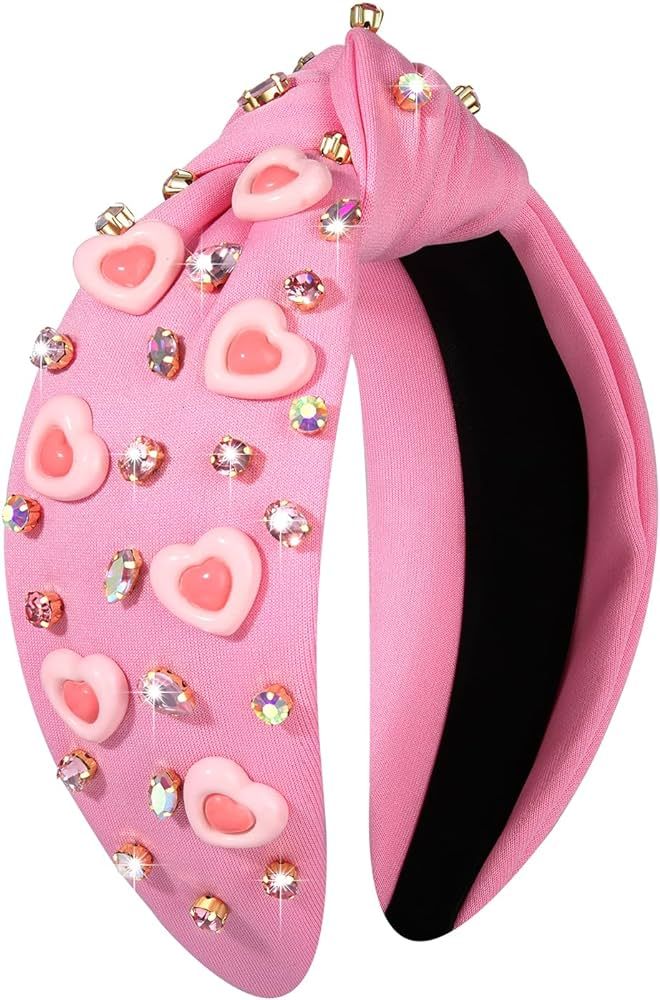 MOLOCH Pink Heart Headband for Women Valentine's Day Headbands Crystal Knotted Bejeweled Wide Vel... | Amazon (US)
