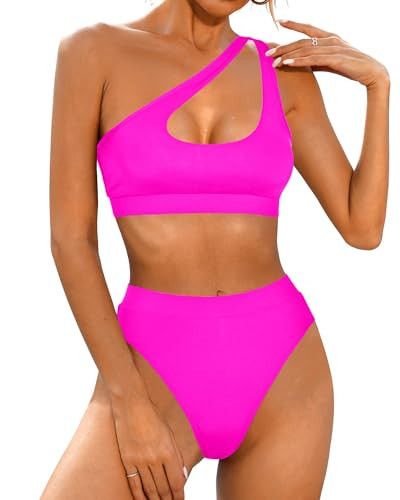 Holipick Women's One Shoulder High Waisted Cheeky Bikini Set Two Piece Swimsuits Cut Out Bathing Suit Sport Swimwear XL Hot Pink | Amazon (US)