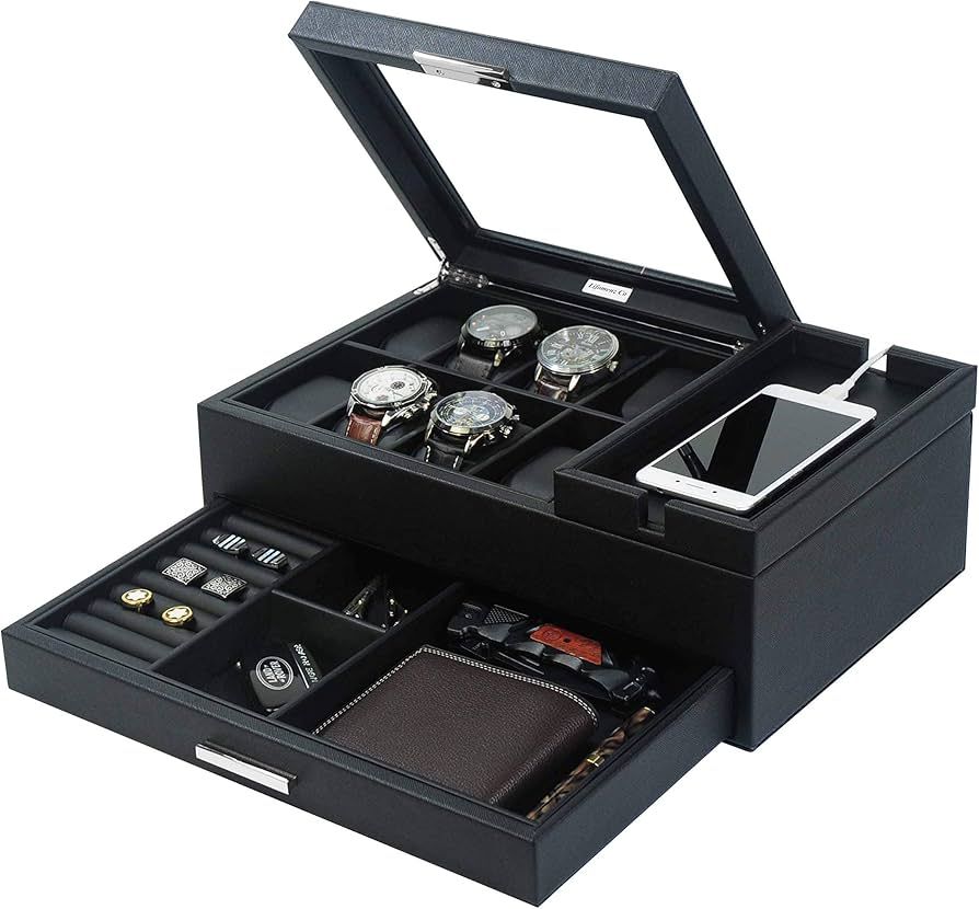 Lifomenz Co Mens Jewelry Box Valet Tray with Drawer and Charging Station Organizer,Nightstand Org... | Amazon (US)