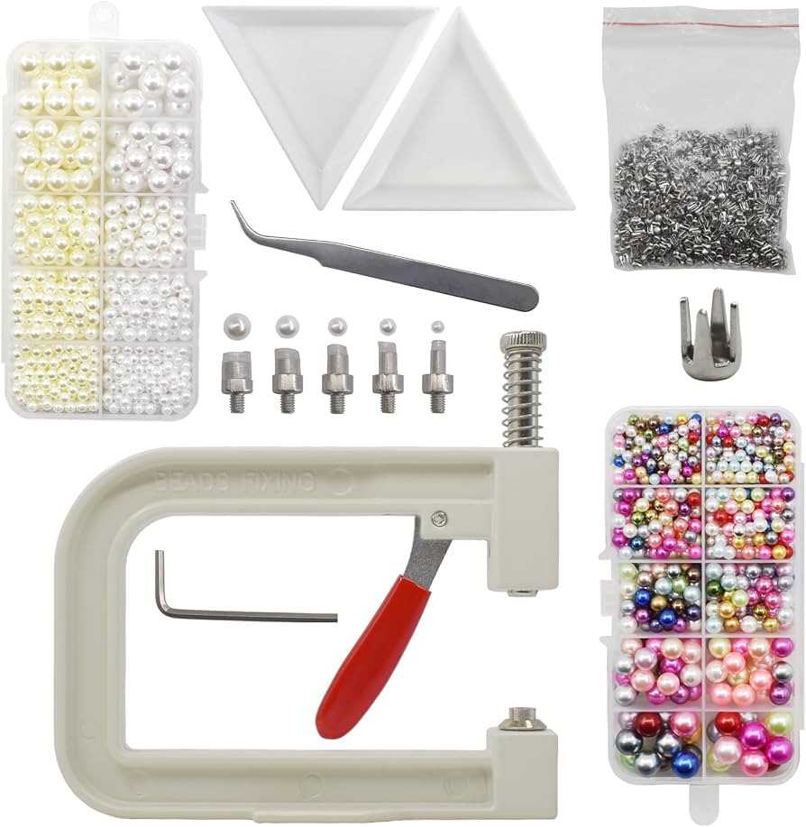 SHRJ Pearl Setting Tools Hand Press Machine with Colorful Pearl Beads, Rivet Studs and Tweezers, ... | Amazon (US)