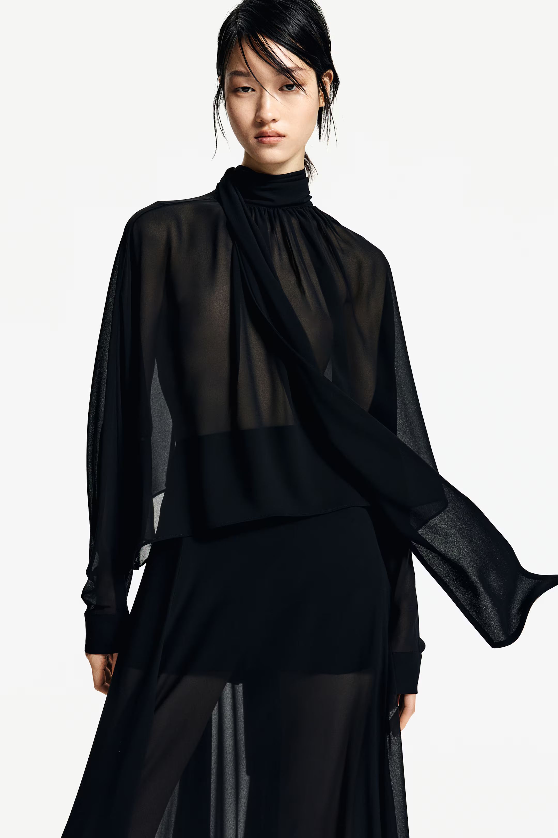 Tie-neck chiffon blouse - Long sleeve - Regular length - Black - Ladies | H&M GB | H&M (UK, MY, IN, SG, PH, TW, HK)