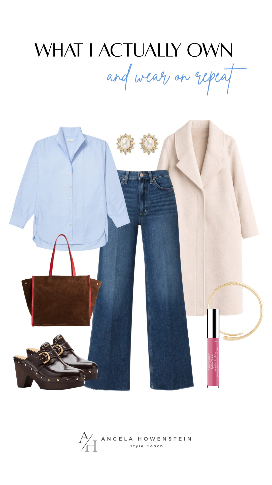 The blue button-down your closet needs right now. Styled with the viral jeans that somehow fit everyone, my favorite Madewell clogs, Jane Win jewelry, my beautiful white Quince coat, and a new brown and red suede tote. 

 #LTKootd #LTKOver40