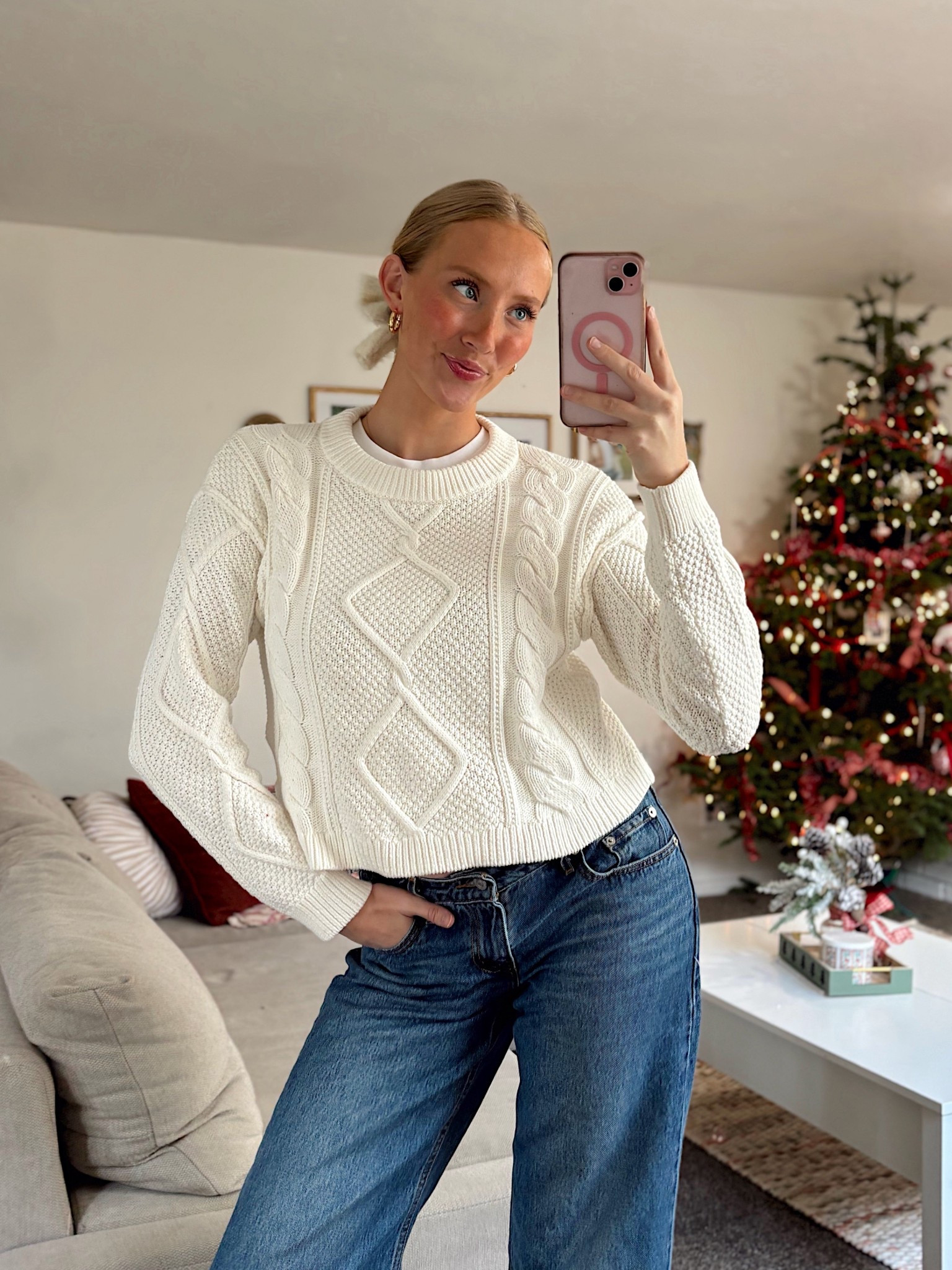 FESTIVE OOTD !! I love this cozy cable knit sweater 🤍 It is the perfect amount of crop, nice quality, and is so flattering.  It is made from 100% organic cotton! So thick and perfect for the holidays! 

#LTKootd #LTKHoliday #LTKmomlife