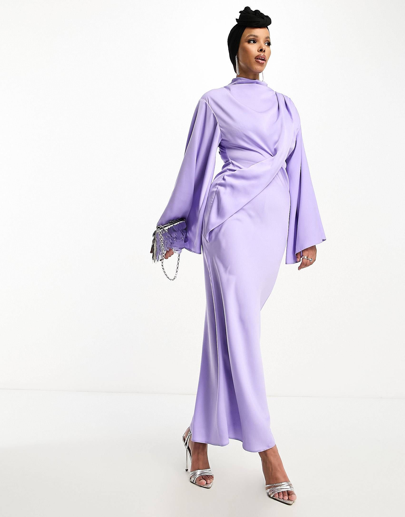 ASOS DESIGN satin wrap maxi dress with drape bodice and kimono sleeve in lilac | ASOS (Global)