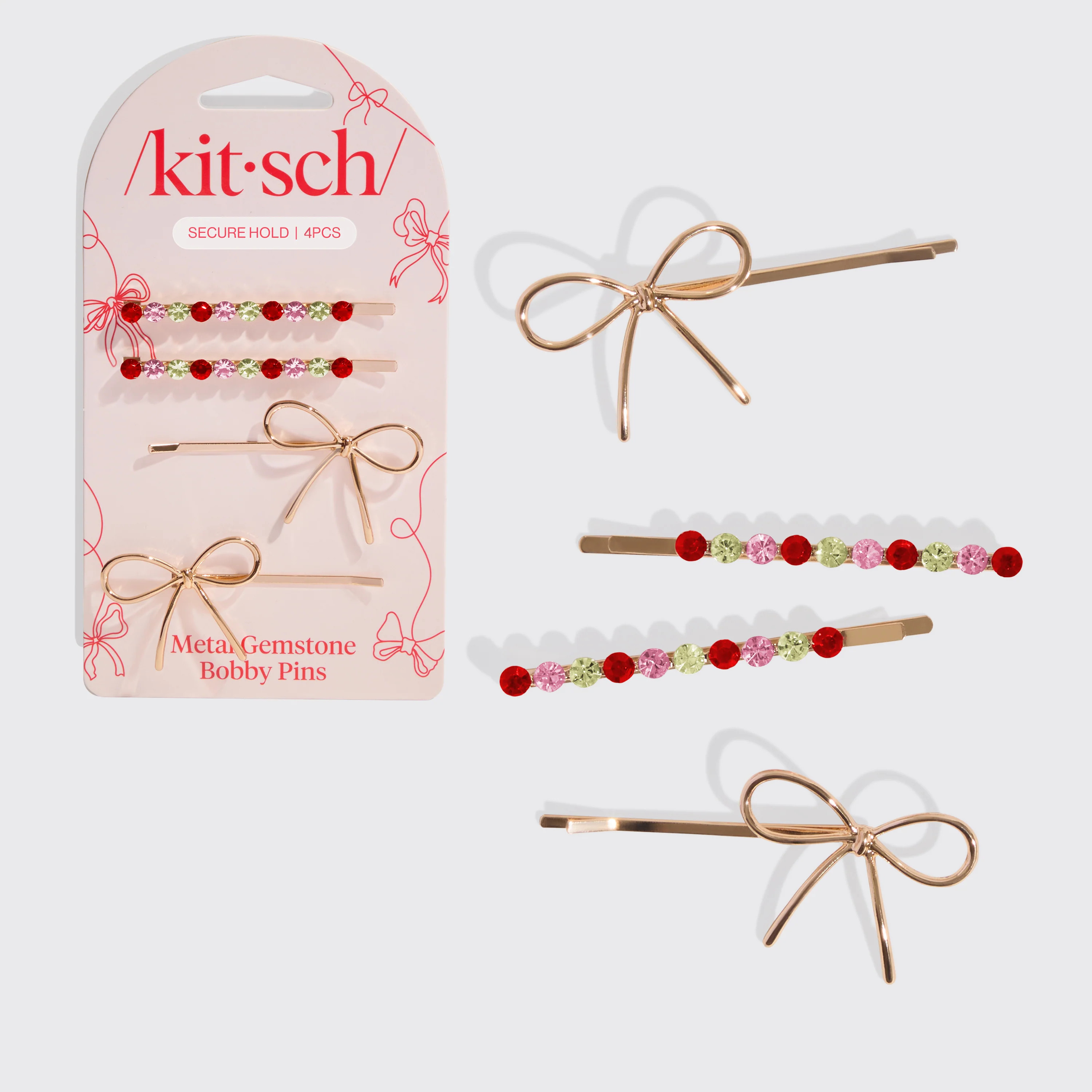 Red, Pink, & Green Gemstone and Bow Bobby Pins | Kitsch