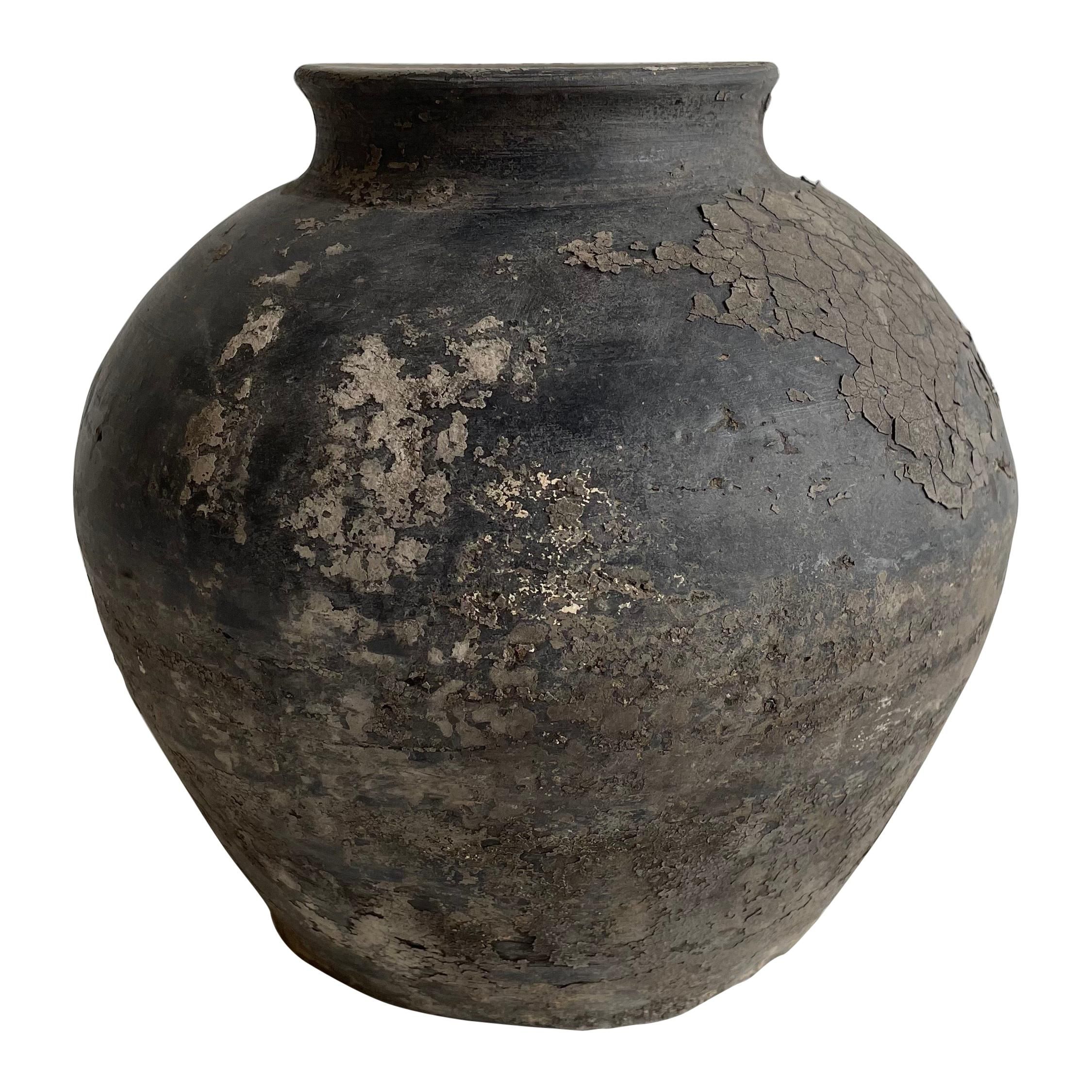 Vintage Weathered Black Clay Pottery Vase | 1stDibs