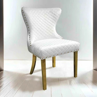 Glam Style 2Pc Side Chair Gold Square Legs Diamond Pattern Nailhead Trim White Finish Dining Room | Wayfair North America