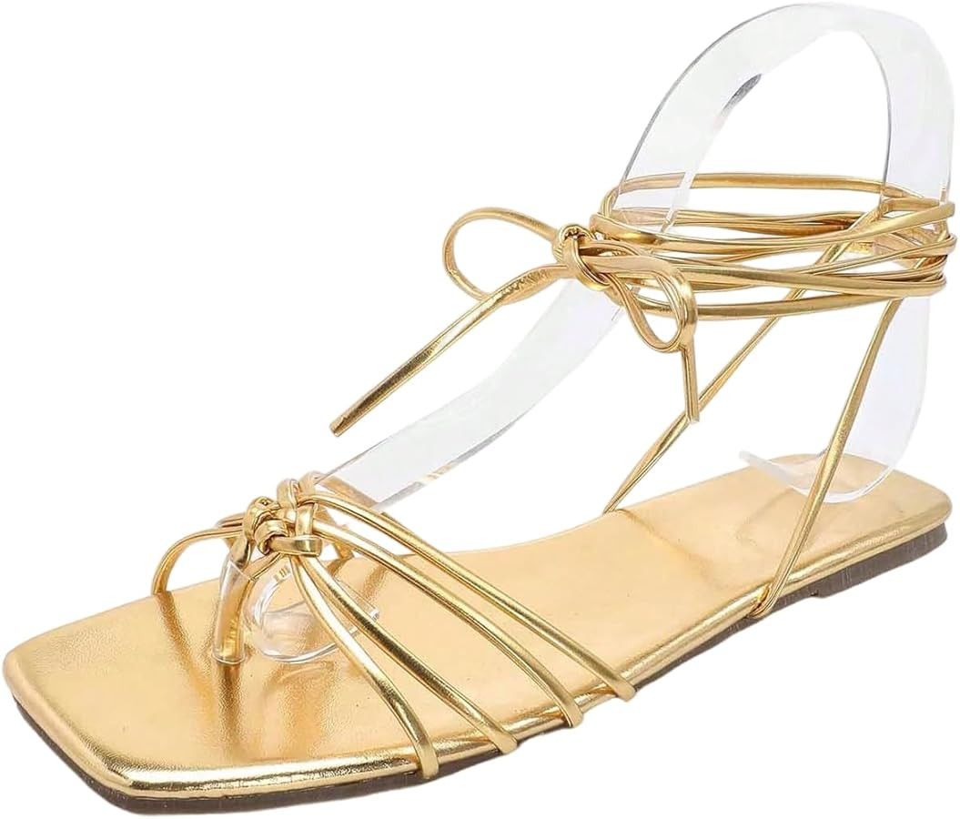 OYOANGLE Women's Lace Up Strappy Flat Sandals Metallic Square Open Toe Fancy Flats Tie Up Shoes | Amazon (US)