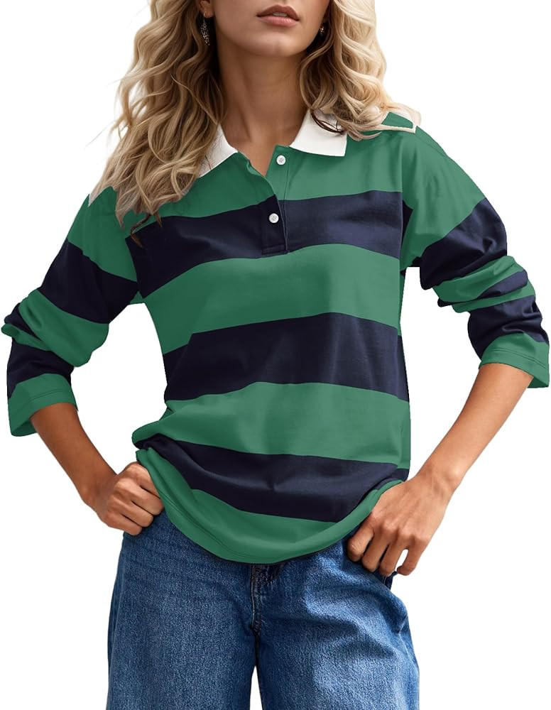 MISSACTIVER Womens Striped Polo Long Sleeve Shirts Color Block Lapel V Neck Workout Tops Fall Loo... | Amazon (US)