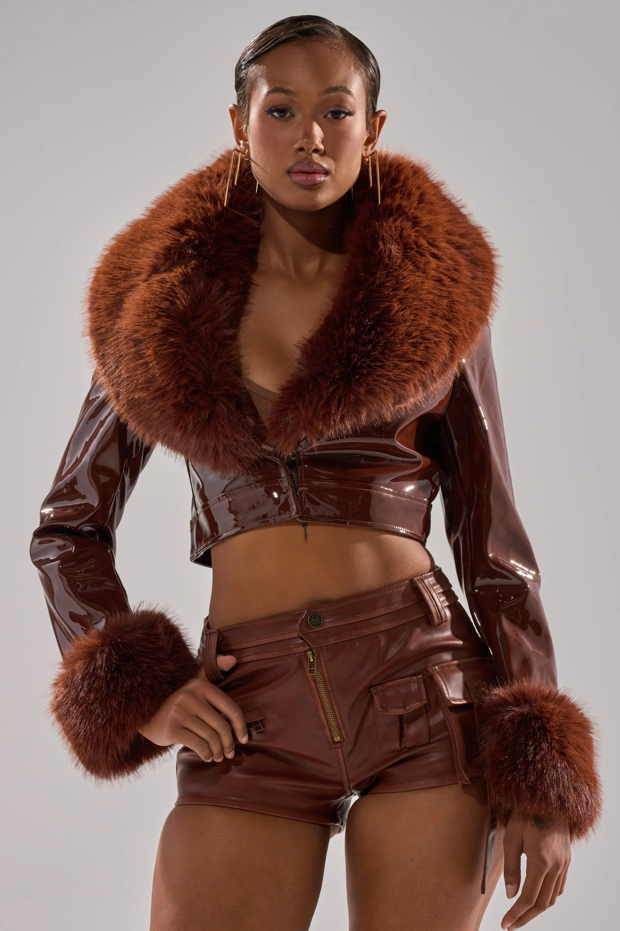 GISELE FUR TRIM MOTO IN PATENT | AKIRA