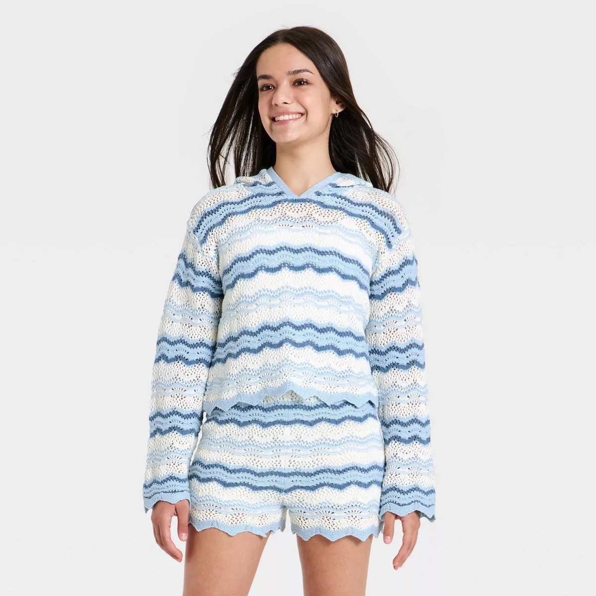 Girls' Open Work Hooded Sweater - art class\u2122 Blue/Dogbone XL | Target