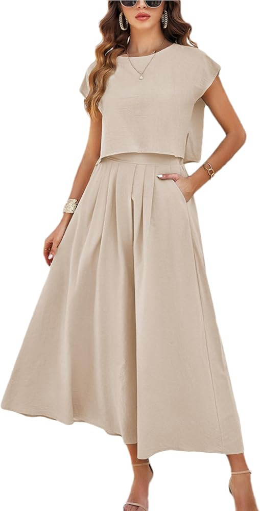 HangNiFang 2025 Summer Skirt Sets Women 2 Piece Outfits Cap Sleeve Top Elastic Waist Maxi Dress S... | Amazon (US)