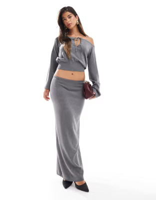 SNDYS knit off shoulder tie detail top and low rise maxi skirt co-ord in grey | ASOS (Global)