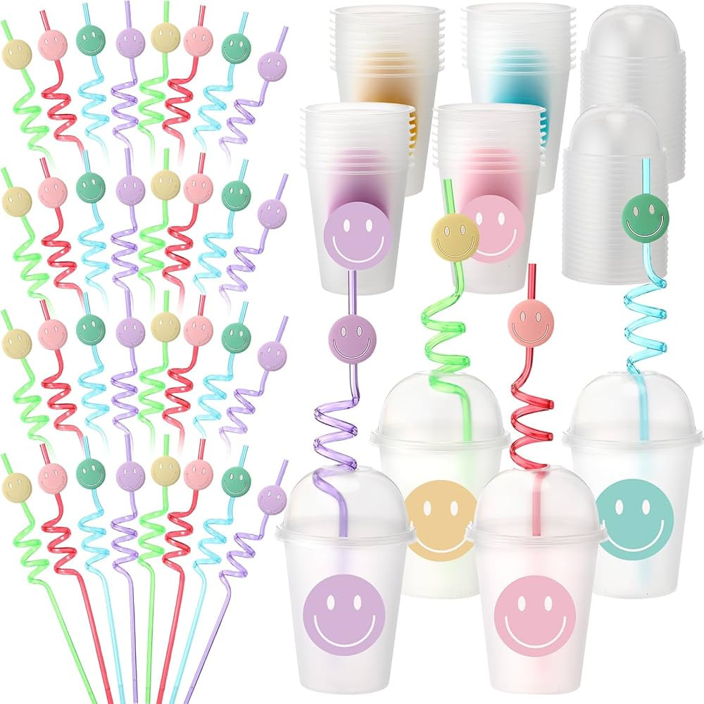 Yaomiao Smile Face Sipper Cups with Straws and Lids, 12 oz Clear Plastic Cups Happy Face Party Cu... | Amazon (US)
